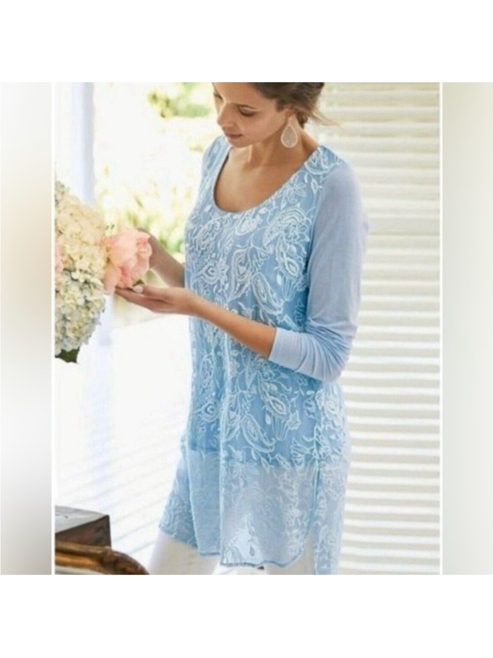 Soft Surroundings Sky Blue Lace Silk Embroidered-Front Tunic Size XS